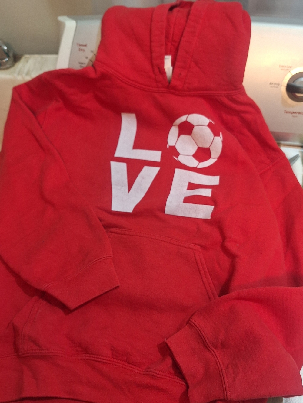Gildan Red Kids Hoodie with WHITE 'LOVE' Soccer Graphic